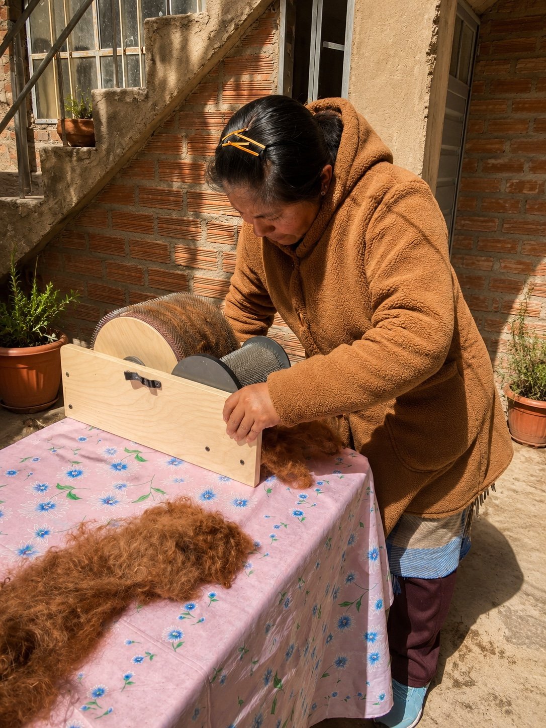 Peruvian artisan preparing alpaca fiber