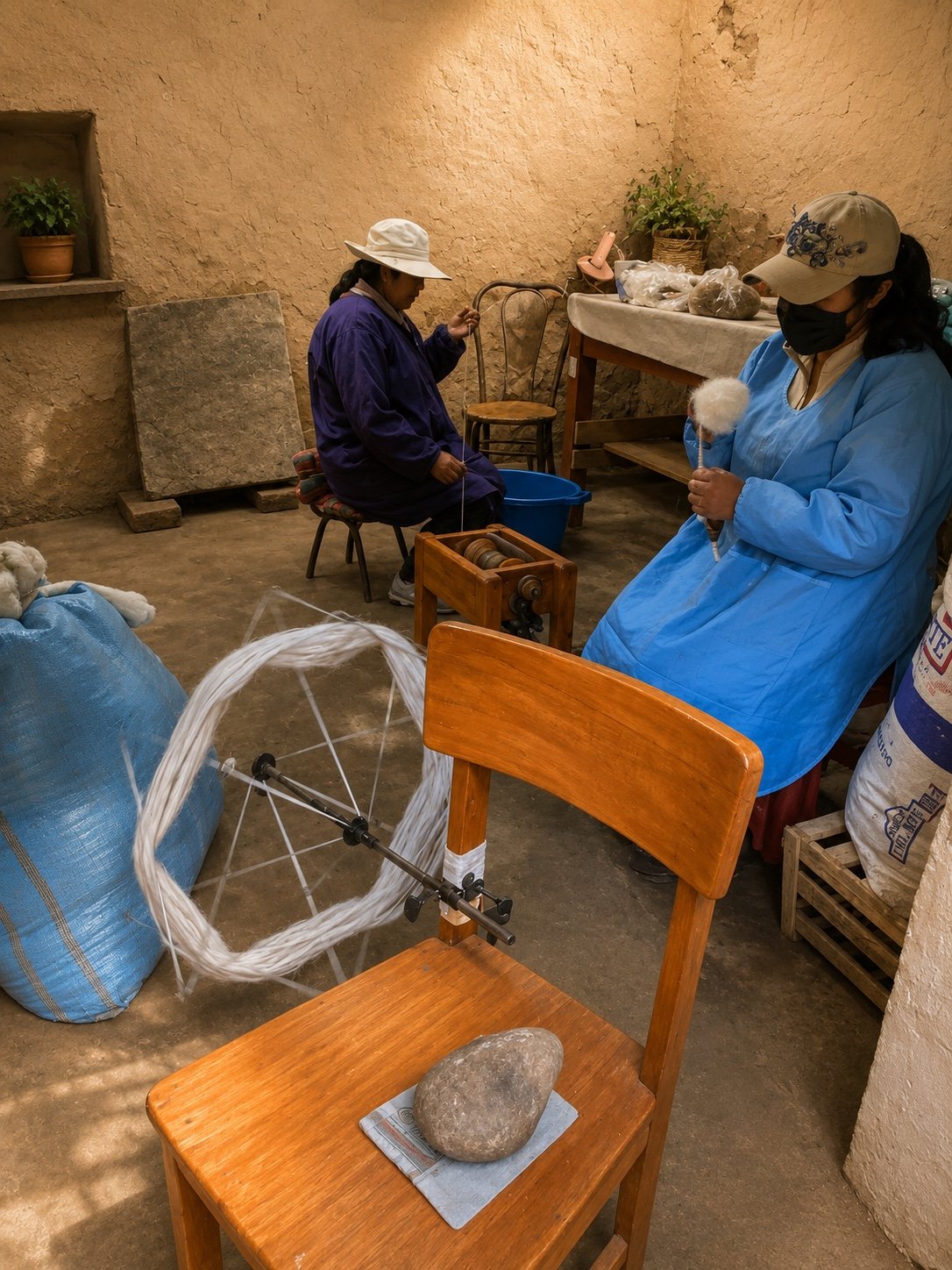 Peruvian artisans spinning alpaca fiber